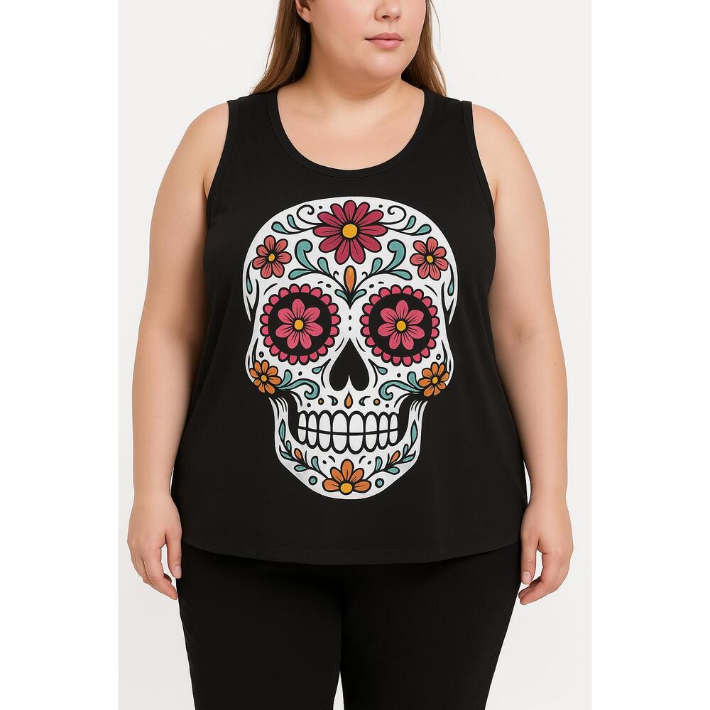 Sugar‎ Skull Tee Shirt Womens Size 3XL Black Sleeveless Y2K Floral Graphic Top